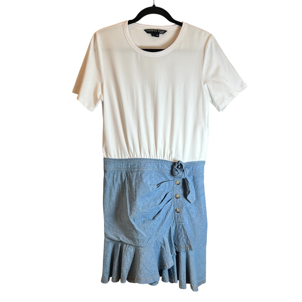 Veronica Beard‎ Jeans Pipes Shaw Mixed Media T-Shirt Chambray Dress White Blue M